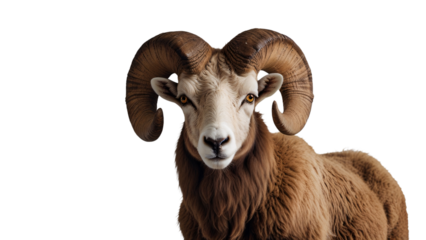 mountain goat isolated on white. ram with big horns on a transparent background