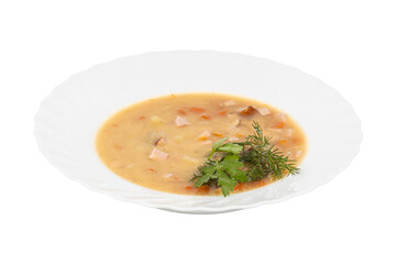 A bowl of soup with parsley and thyme on a white background