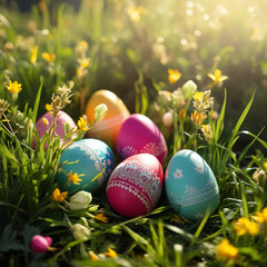 Delicate Easter eggs with vibrant colors and intricate designs rest among a field of flowering grass. The warm sunlight enhances the cheerful atmosphere of spring