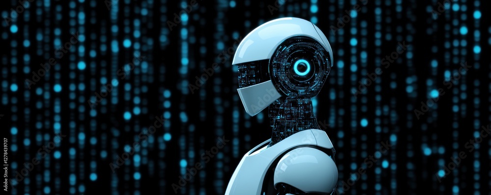 Aufkleber Futuristic Robot with Digital Background and Glowing Elements