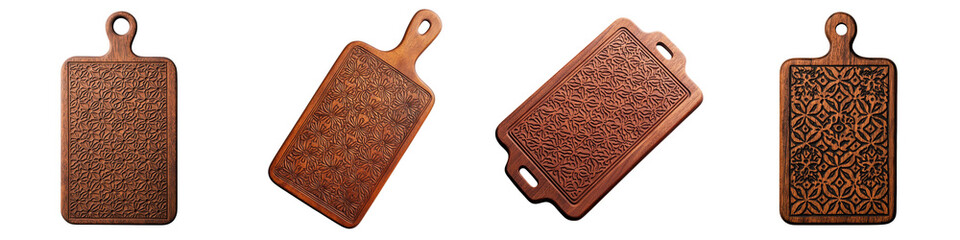 Rustic wooden chopping board with intricate carved patterns against a minimalist plain background  This image evokes a sense of simple homemade cuisine and artisanal craftsmanship