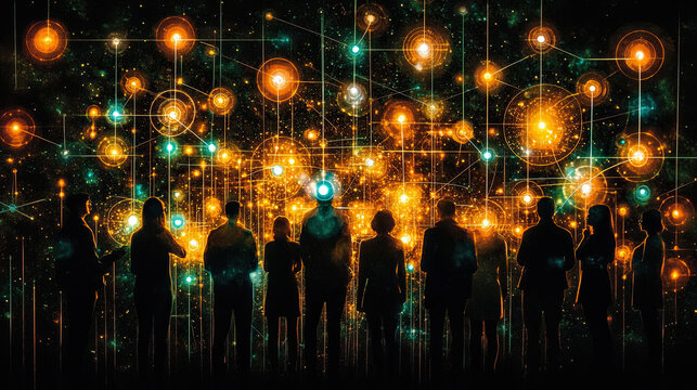 A Group Stands Together Silhouetted Against a Vibrant Cosmic Background, Evoking Unity and Exploration Among Glowing Stars