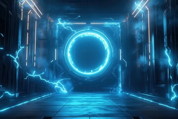 futuristic electric blue energy portal with pulsing plasma rings, dramatic dark background with glowing neon effects