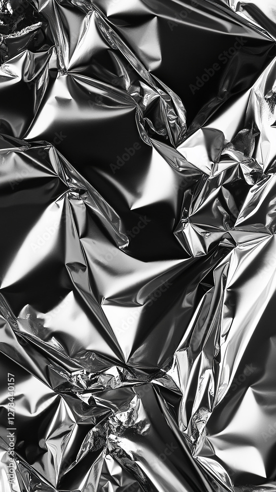 Poster Close-up of shiny, crumpled silver metallic foil, creating intricate folds and glossy reflections, showcasing texture, modern design, and visual contrast in a dynamic, glossy surface.