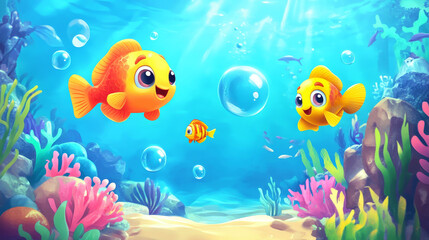 Naklejka premium Underwater marine illustration with fish in aquarium cartoon game background. Deep under sea scene landscape of nautical fauna with bubbles. Cute fish life adventure on seafloor sand.