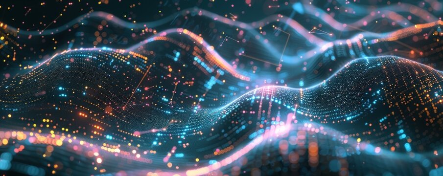 Abstract digital waves flow, vibrant lights, dark background, tech concept