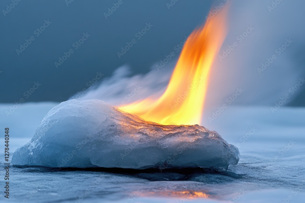 Poster a fragment of ice with flames burning on top, symbolizing contrast and struggle