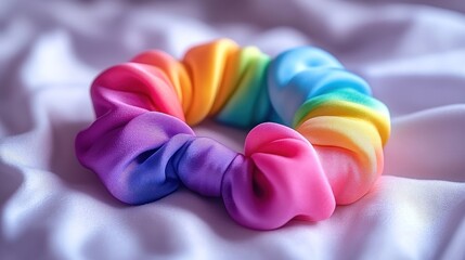 Colorful rainbow scrunchie on white fabric