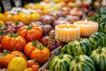 Fresh tomatoes and candles on a table, ideal for food or decorative use