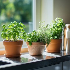 Three small potted plants placed on a countertop near a window
