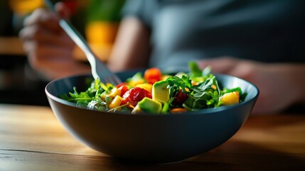 Person eating healthy salad indoors, kitchen background
