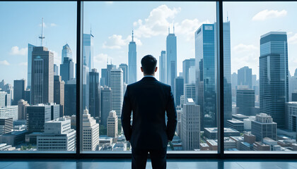 Fototapeta premium A businessman in an executive office gazes at the city skyline, symbolizing ambition, leadership, and success.
