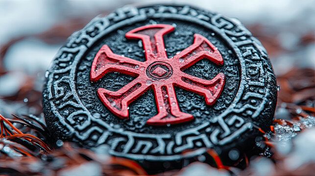 A Detailed Close-Up of a Decorative Black and Red Emblem Placed on a Wet Surface Surrounded by Natural Elements