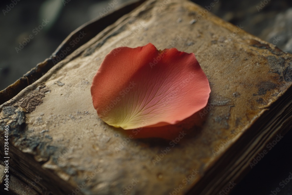 Poster a single flower rests on the surface of an open book, symbolizing knowledge and beauty