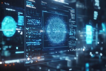 futuristic medical hologram interface displaying neural network patterns, floating in dark space with blue light traces