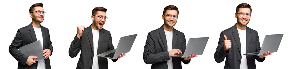 Excited professional showcasing various emotions while using a laptop in a studio setting