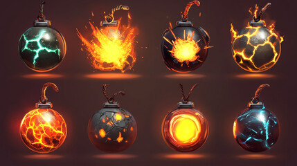 Bombs with fuse props game icons. Explosive military weapon with rope wick and green, red, blue, orange and purple electric lightnings. Cartoon metal balls 3d vector set, user assets, graphic elements