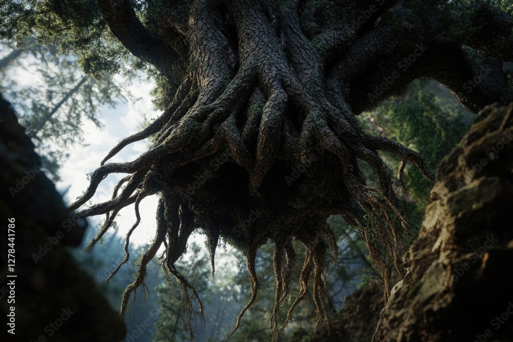 Poster A large tree with visible roots