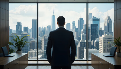 A businessman in an executive office gazes at the city skyline, symbolizing ambition, leadership, and success.