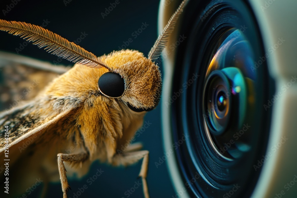 Poster a close-up shot of a moth perched on a camera lens, providing a unique perspective