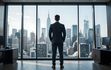 Fototapeta premium A businessman in an executive office gazes at the city skyline, symbolizing ambition, leadership, and success.