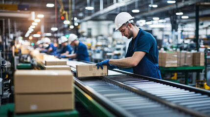 Fototapeta premium Conveyor belt at factory, plant or warehouse. Workshop production line with automated machinery. Vector landing page with isometric people and conveyor belt with drink bottles