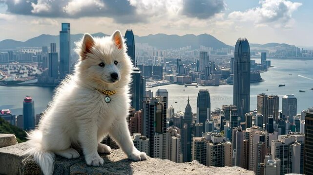 A fluffy white dog sits confidently on a ledge, overlooking the breathtaking skyline of Hong Kong with towering buildings and harbor