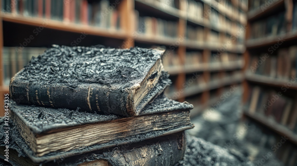 Poster a tall stack of books sits atop another stack, showcasing layers of literary material