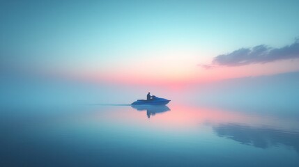 Man jetskiing serene sunrise lake mist