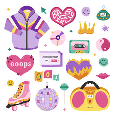 Fototapeta premium Cute cartoon hand drawn Y2k set with symbols from 90s, 00s. Retro aesthetic clipart of sport jacket, radio, disco ball, oops heart, cassette, roller skate, lips, emoticon. Nostalgia for 1990s vibe.