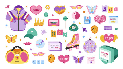 Big cartoon Y2k set with fashion, sport, electronic, girly symbols from 90s, 00s. Retro aesthetic clipart of jacket, radio, butterfly, heart, old PC, cassette, roller skate. Nostalgia for 1990s vibe.
