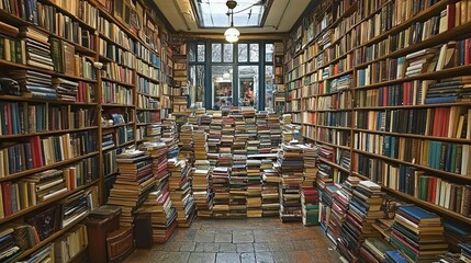 Fototapeta premium A Haven for Book Lovers: Exploring the Enchanting World of Literature within an Antique Bookstore