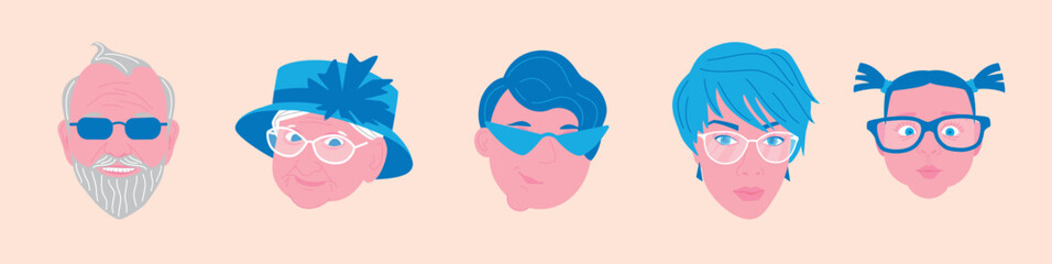 Five family members wearing glasses: grandma, grandpa, mom, dad and daughter