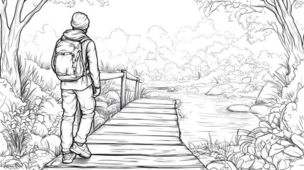 Solo Backpacker Crossing a Charming Wooden Bridge Over a Sparkling Stream Surrounded by Lush Nature's Beauty