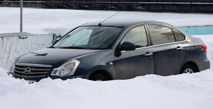 kazakhstan, Ust-Kamenogorsk, february 15, 2025: Nissan Almera. Black japanese car