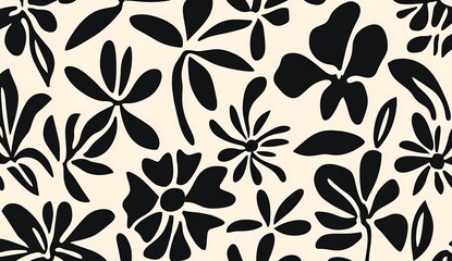 Fototapeta premium Minimalist abstract black and white floral pattern background with large flowers, leaves, vines, and small blooms