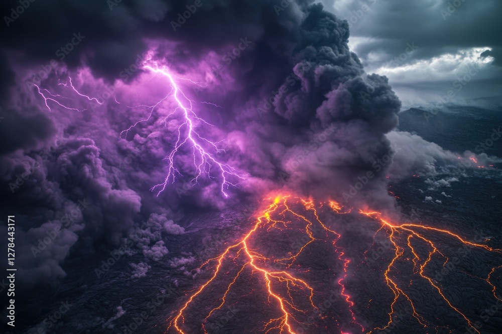 Poster aerial view of a volcanic eruption with lightning illuminating the dark sky and molten lava flowing 