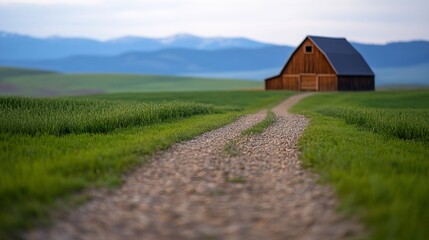 Obraz premium Serene countryside path leading to a rustic barn under pastel skies
