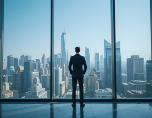 Fototapeta premium A businessman in an executive office gazes at the city skyline, symbolizing ambition, leadership, and success.