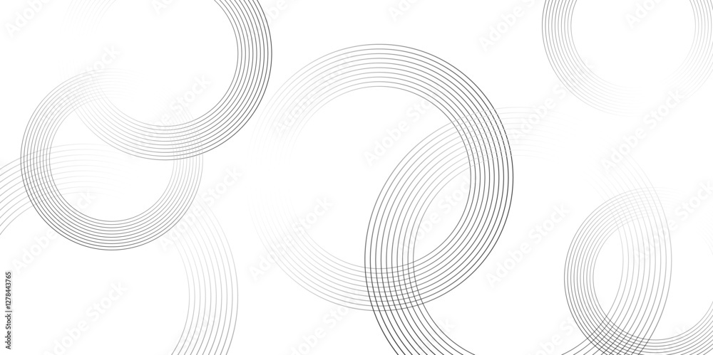 Poster Abstract white background with black circle rings. Spiral sound wave rhythm line and dots dynamic abstract background, Vector illustration design for presentation, banner, cover, poster, texture Etc.	
