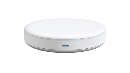 A white circular, flat electronic device, possibly a smart home hub or sensor is isolated against a white background.