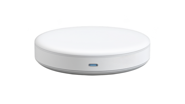 A white circular, flat electronic device, possibly a smart home hub or sensor is isolated against a white background. - Powered by Adobe