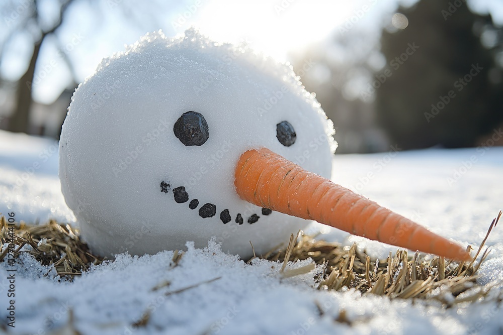 Poster A snowman with a carrot stick inserted into its nose, adding a humorous touch to winter scenes