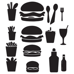 Black Food & Spun item Icon set Vector silhouette Isolated and White Background