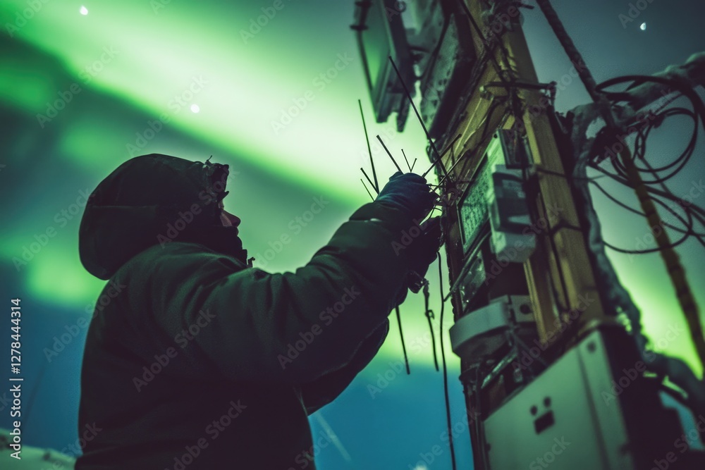 Poster man in black hoodie working on electrical wires, isolated background