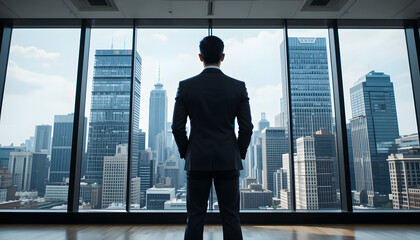 A businessman in an executive office gazes at the city skyline, symbolizing ambition, leadership, and success.
