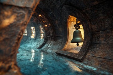 A bell hangs from the ceiling of a dark tunnel, illuminated by a beam of light