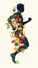 Fototapeta premium Silhouetteofarunnerfilledwithfruitsandvegetables