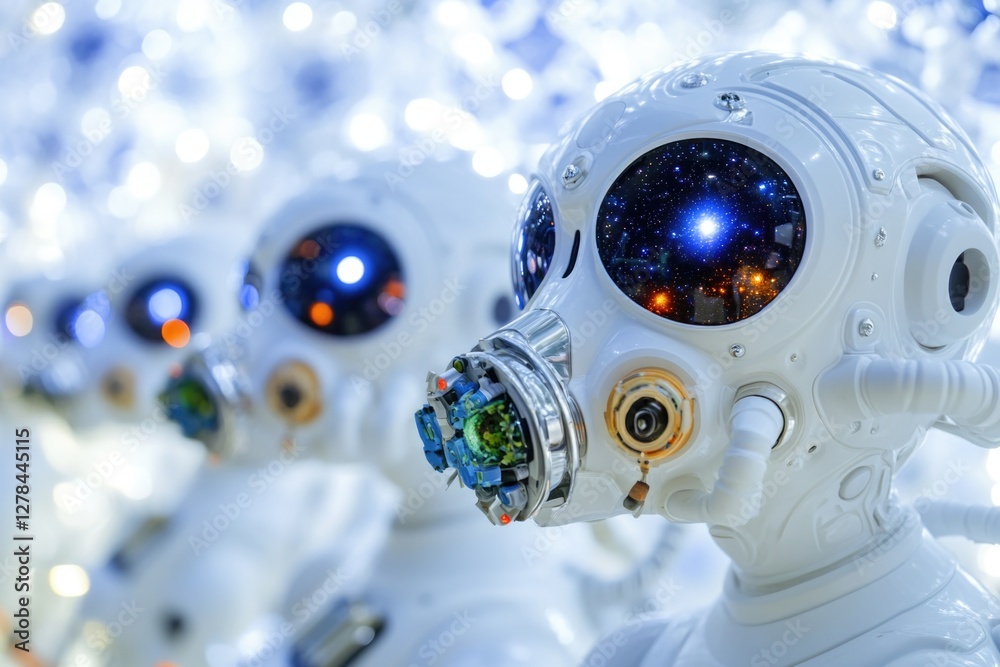 Poster a group of white robots wearing gas masks in a futuristic setting