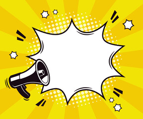 empty or blank white comic speech bubble, burst ballon or shout ballon with megaphone in trendy retro pop art style in front of ray background. Vector illustration.